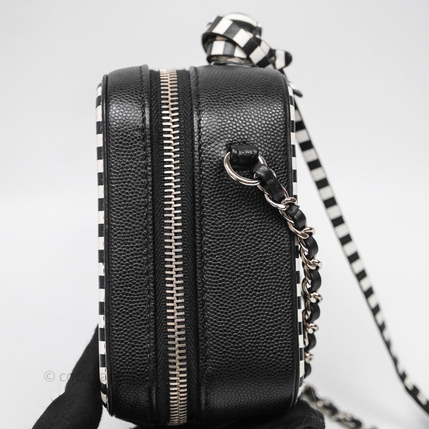 Chanel Quilted Small CC Filigree Vanity Case Black/ White Stripe Caviar Silver Hardware