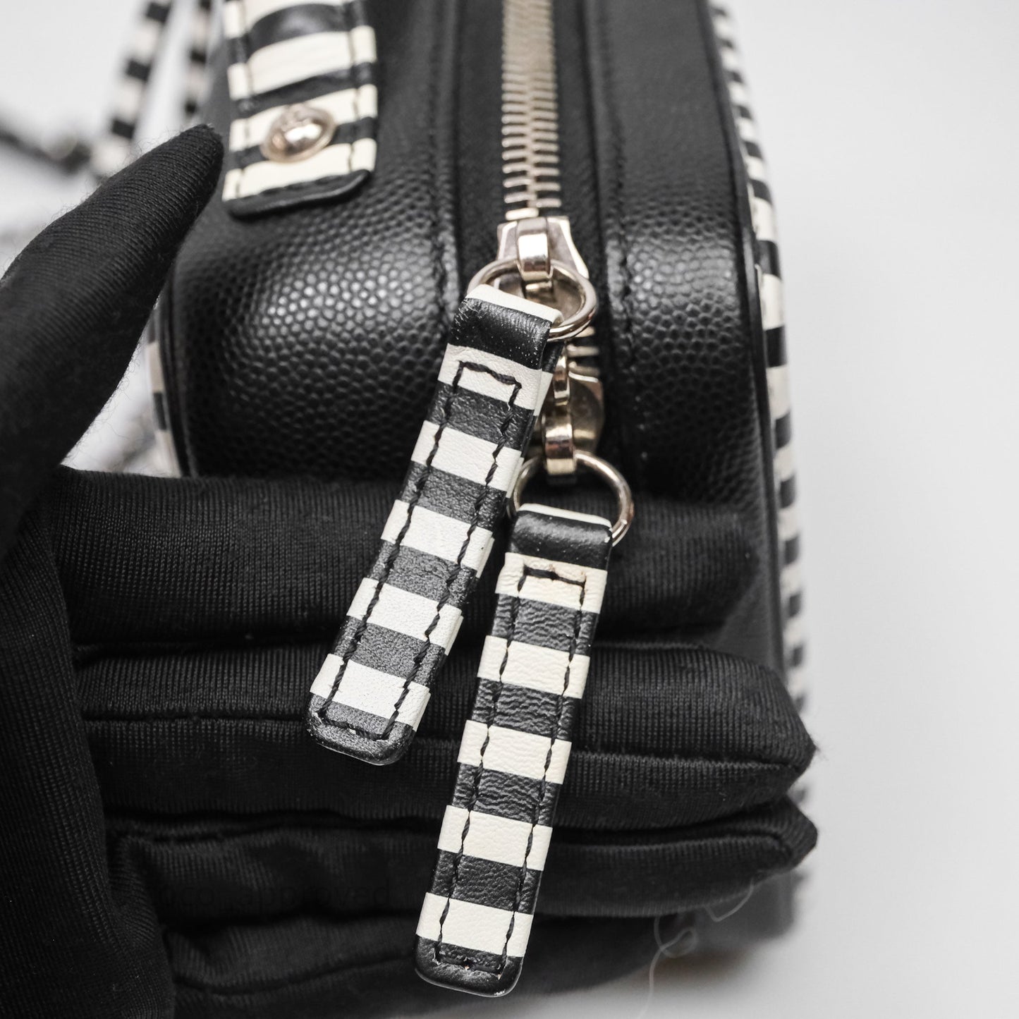 Chanel Quilted Small CC Filigree Vanity Case Black/ White Stripe Caviar Silver Hardware