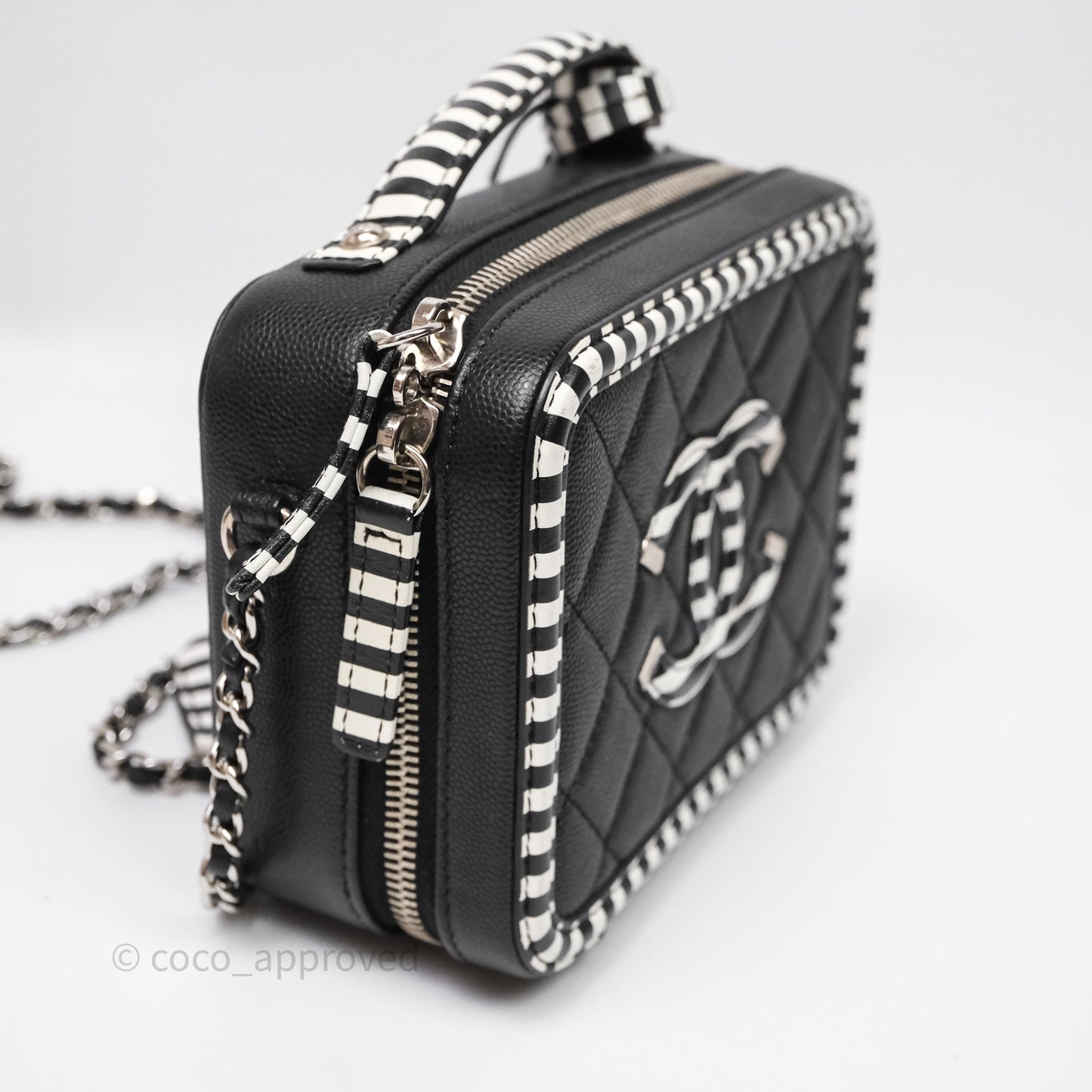 Chanel Quilted Small CC Filigree Vanity Case Black/ White Stripe Caviar Silver Hardware