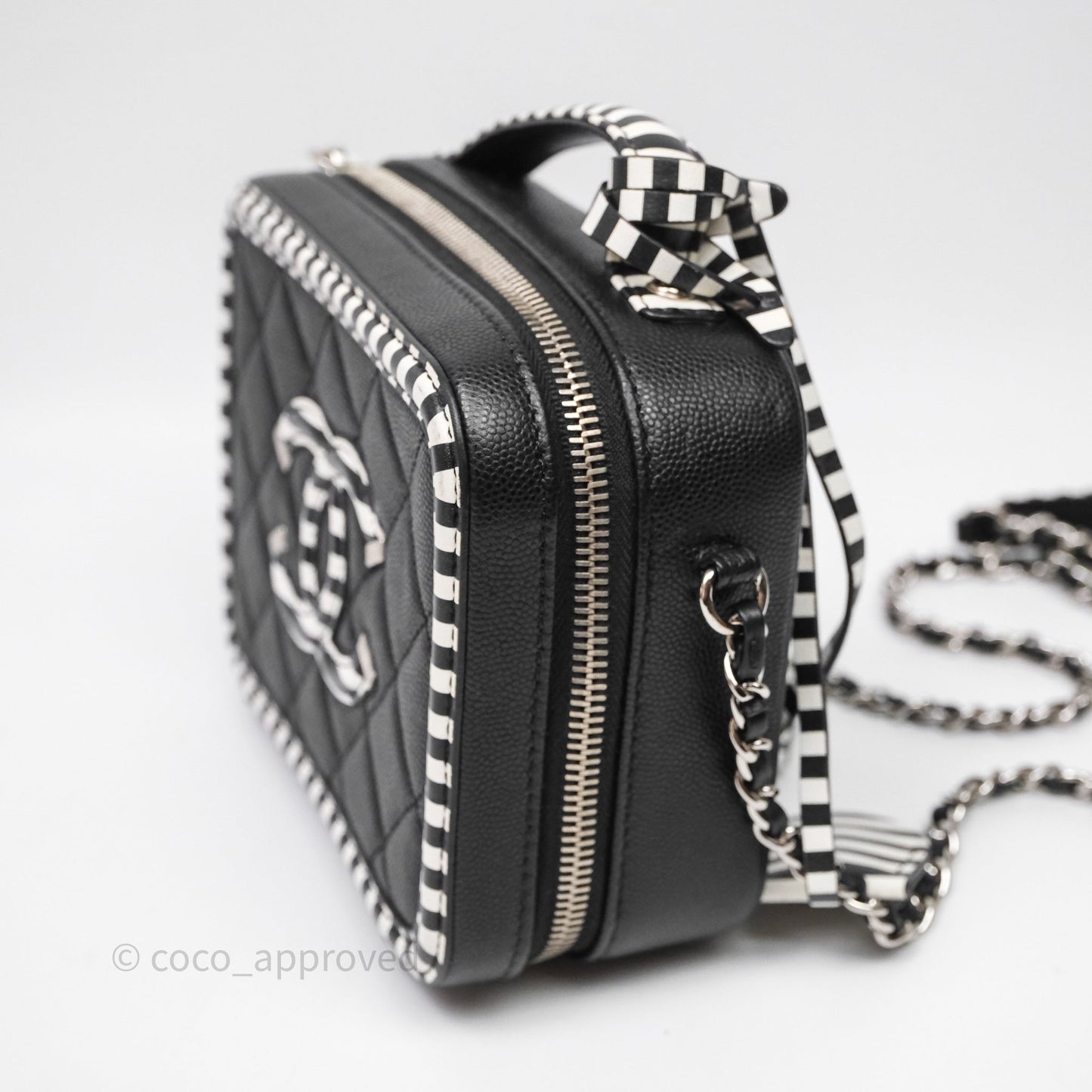 Chanel Quilted Small CC Filigree Vanity Case Black/ White Stripe Caviar Silver Hardware