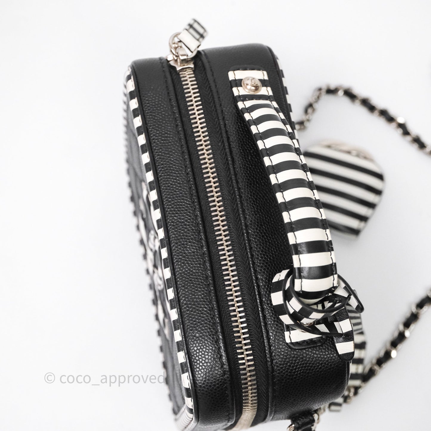 Chanel Quilted Small CC Filigree Vanity Case Black/ White Stripe Caviar Silver Hardware