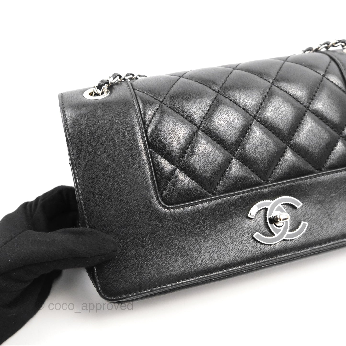 Chanel Mademoiselle Vintage Flap Bag Black Sheepskin Silver Hardware