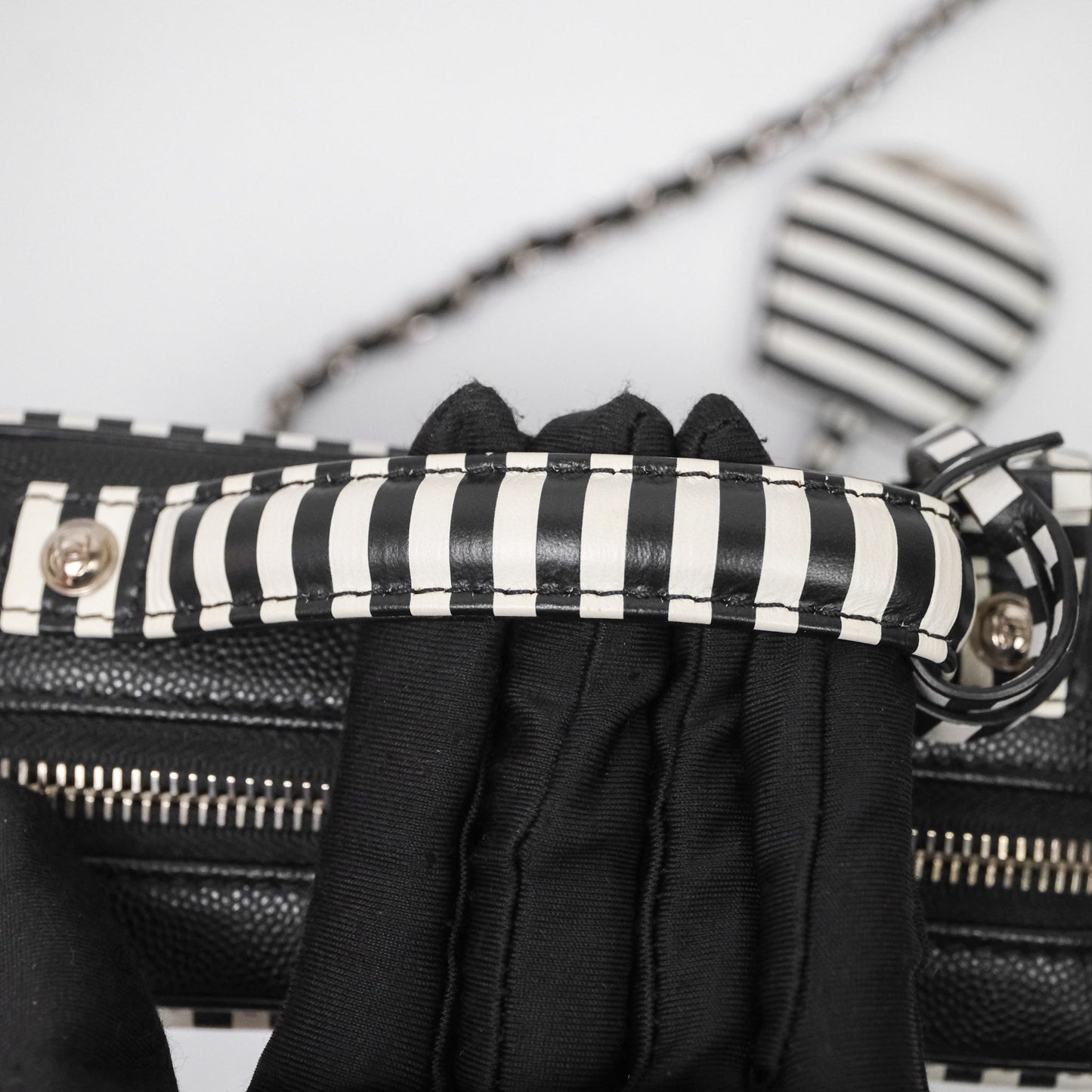 Chanel Quilted Small CC Filigree Vanity Case Black/ White Stripe Caviar Silver Hardware