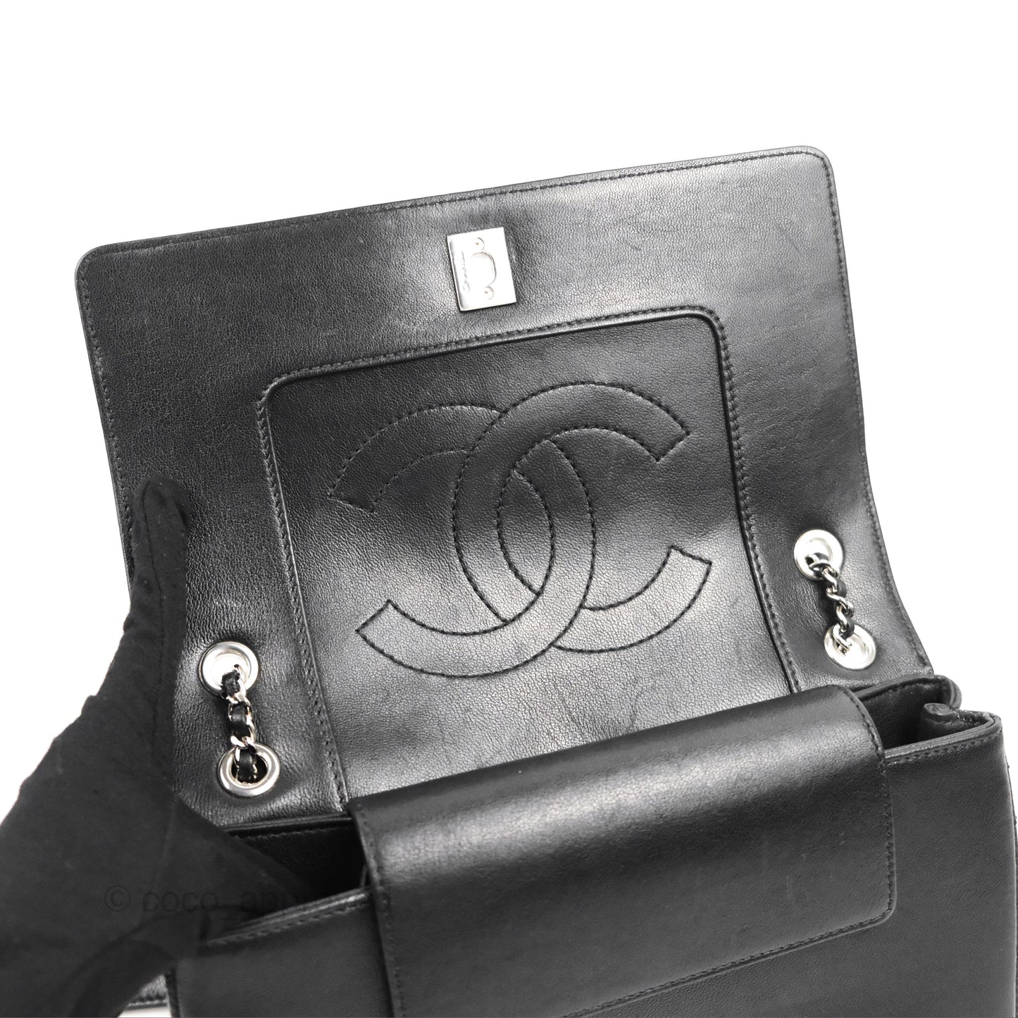 Chanel Mademoiselle Vintage Flap Bag Black Sheepskin Silver Hardware