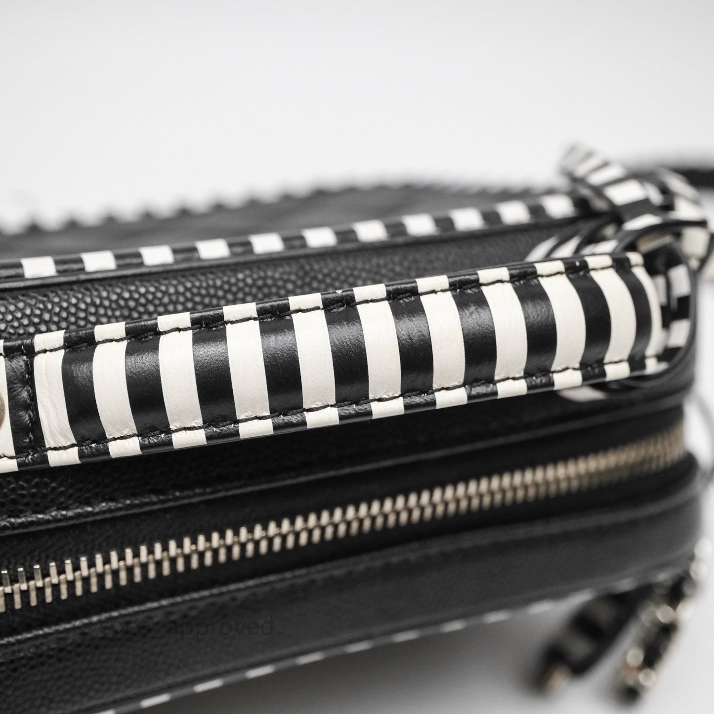Chanel Quilted Small CC Filigree Vanity Case Black/ White Stripe Caviar Silver Hardware