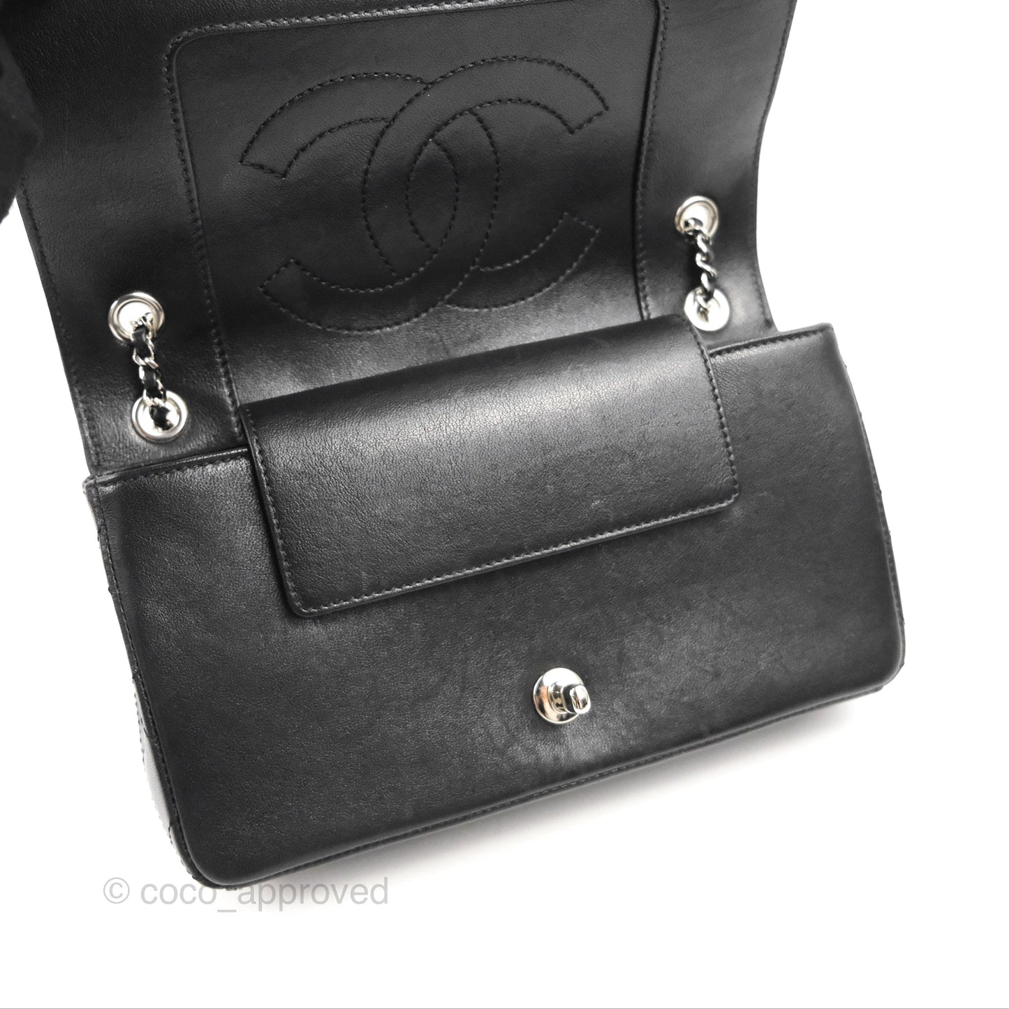 Chanel Mademoiselle Vintage Flap Bag Black Sheepskin Silver Hardware