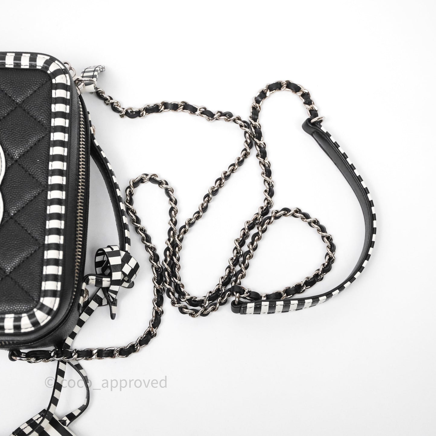 Chanel Quilted Small CC Filigree Vanity Case Black/ White Stripe Caviar Silver Hardware