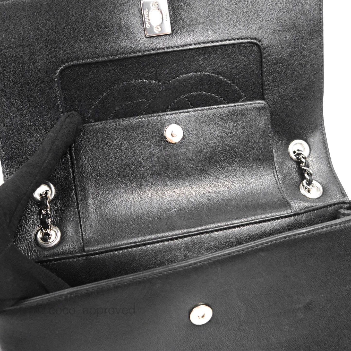 Chanel Mademoiselle Vintage Flap Bag Black Sheepskin Silver Hardware