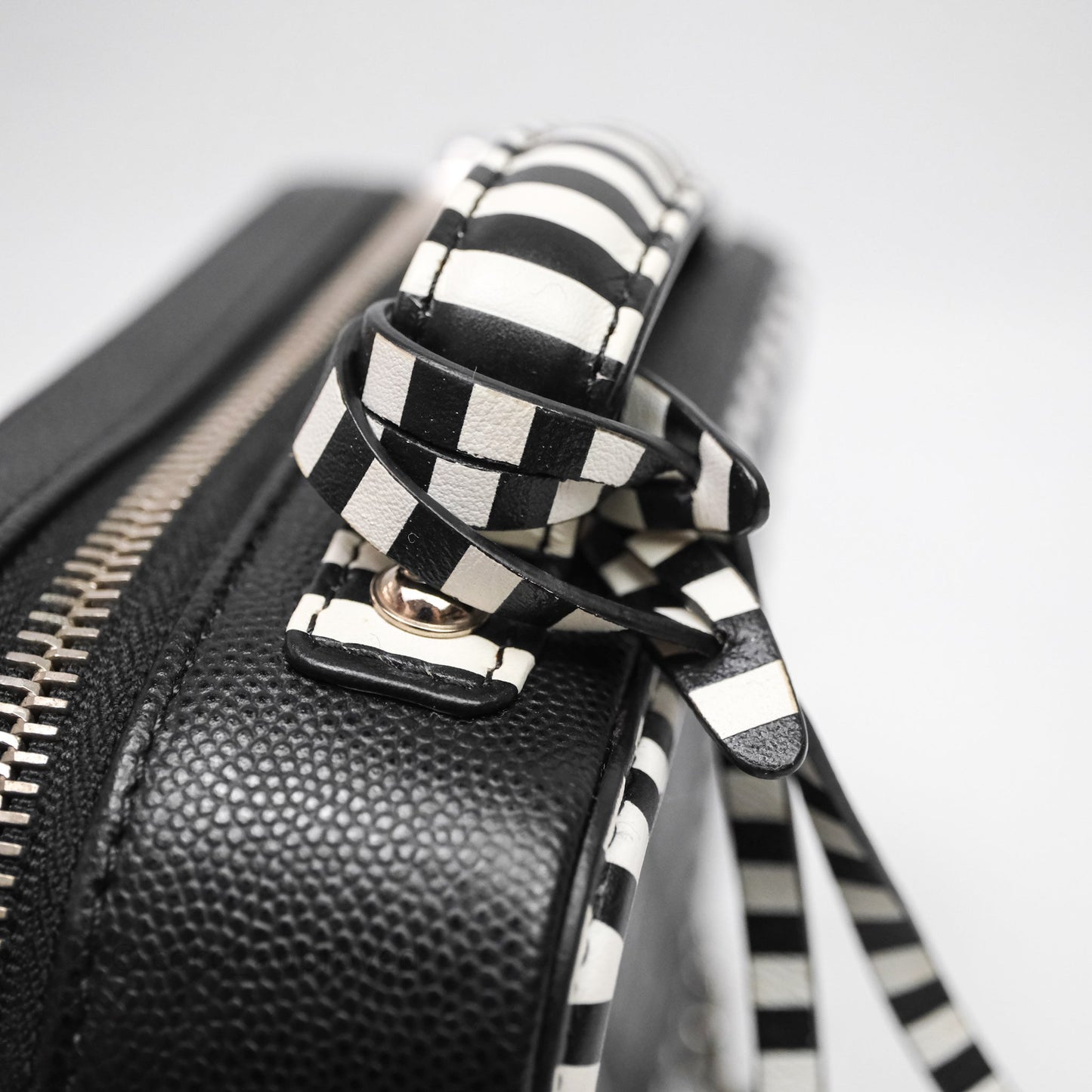 Chanel Quilted Small CC Filigree Vanity Case Black/ White Stripe Caviar Silver Hardware