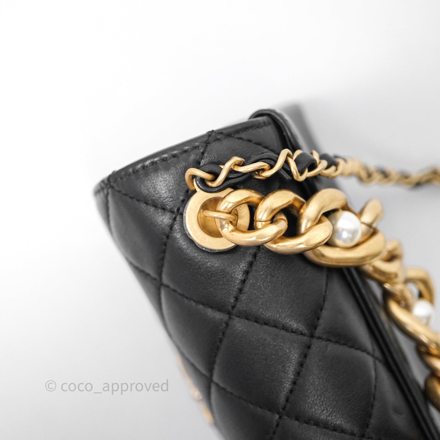 Chanel Pearl Chain Bag Black Calfskin Aged Gold Hardware