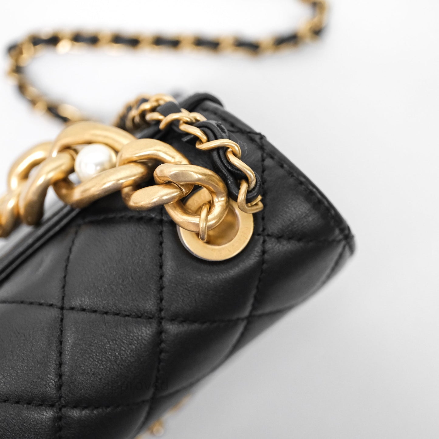 Chanel Pearl Chain Bag Black Calfskin Aged Gold Hardware