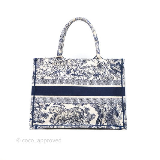 Christian Dior Medium (Old Small) Embroidered Toile De Jouy Canvas Book Tote Blue
