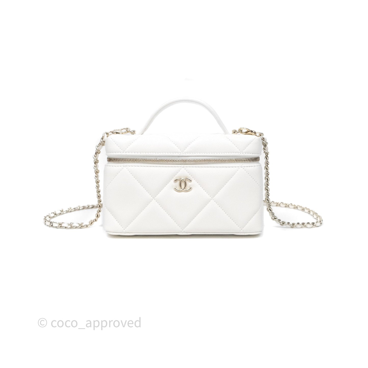 Chanel Top Handle Long Vanity with Chain White Caviar Gold Hardware