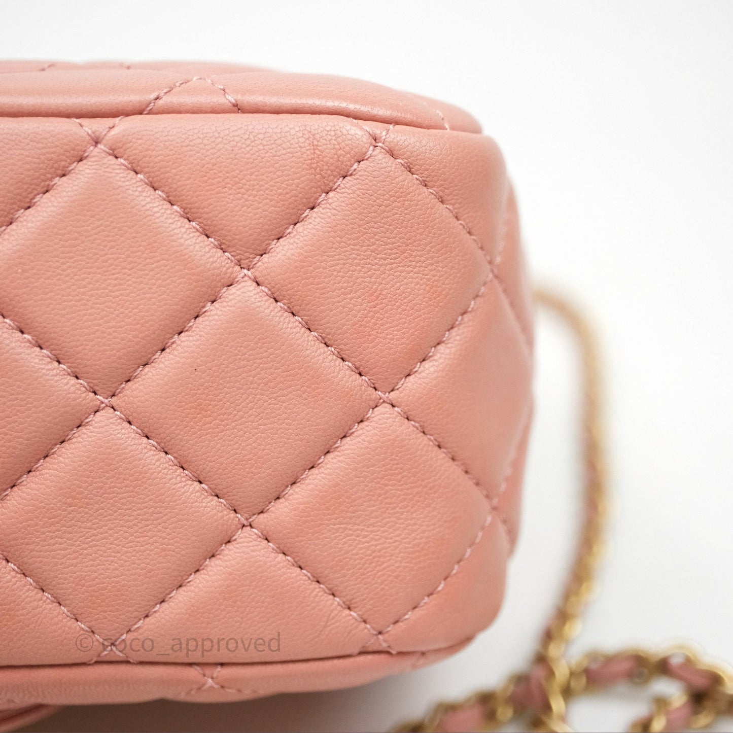 Chanel Pearl Crush Mini Square Quilted Pink Lambskin Aged Gold Hardware