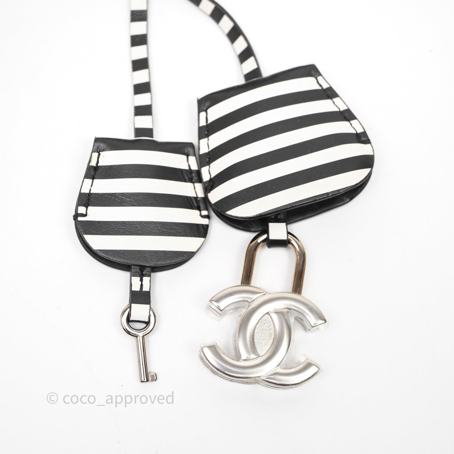 Chanel Quilted Small CC Filigree Vanity Case Black/ White Stripe Caviar Silver Hardware