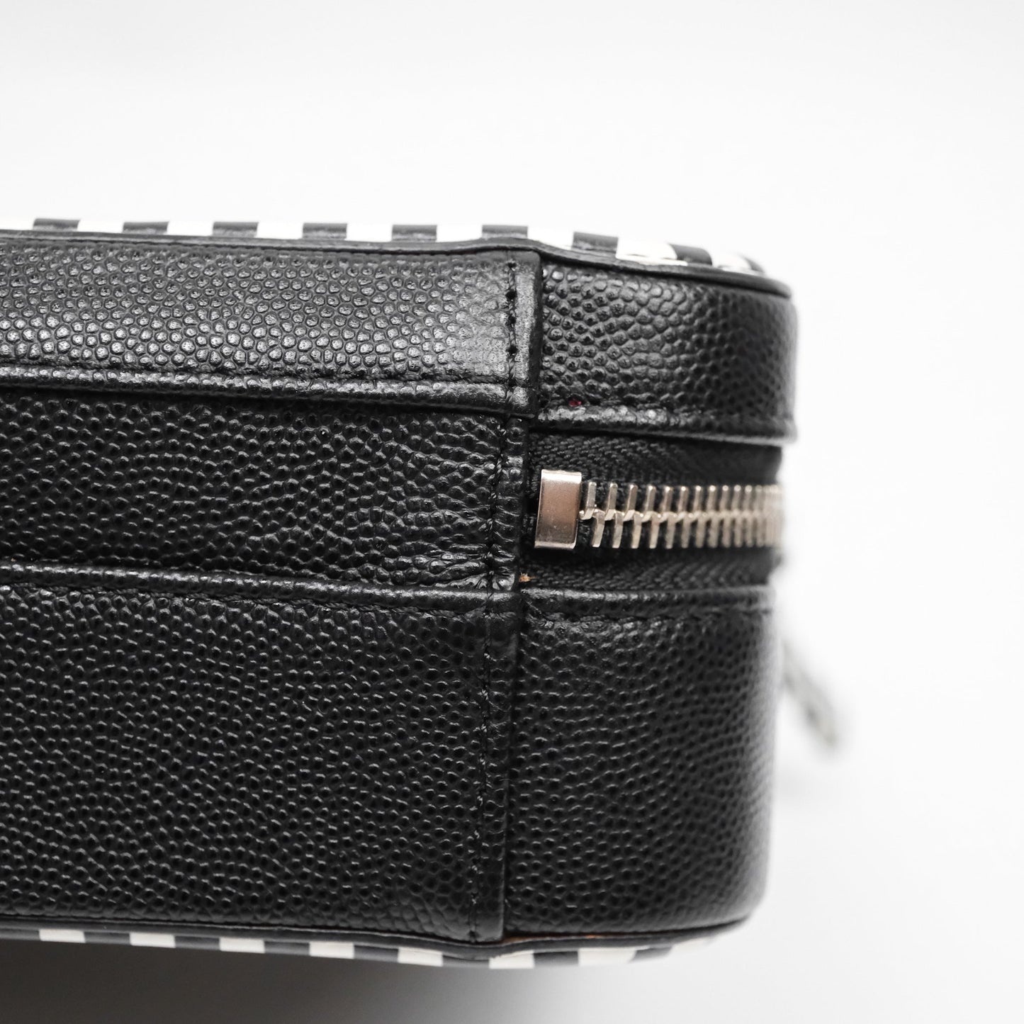 Chanel Quilted Small CC Filigree Vanity Case Black/ White Stripe Caviar Silver Hardware