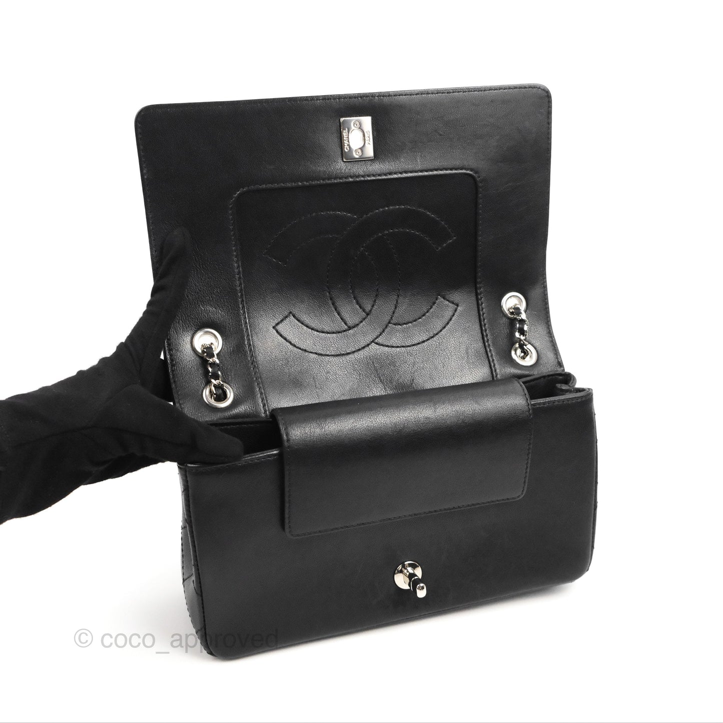 Chanel Mademoiselle Vintage Flap Bag Black Sheepskin Silver Hardware