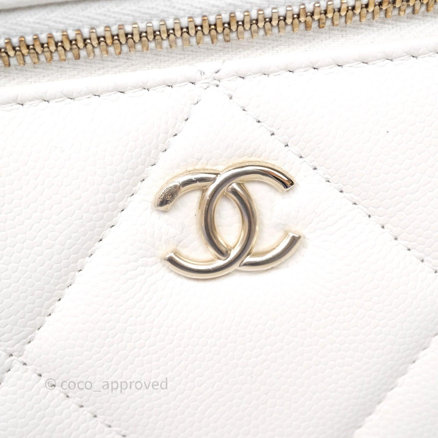 Chanel Top Handle Long Vanity with Chain White Caviar Gold Hardware