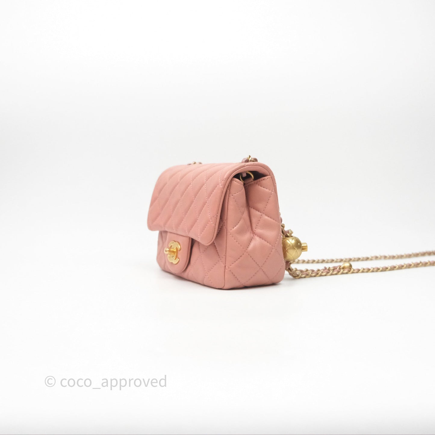 Chanel Pearl Crush Mini Square Quilted Pink Lambskin Aged Gold Hardware