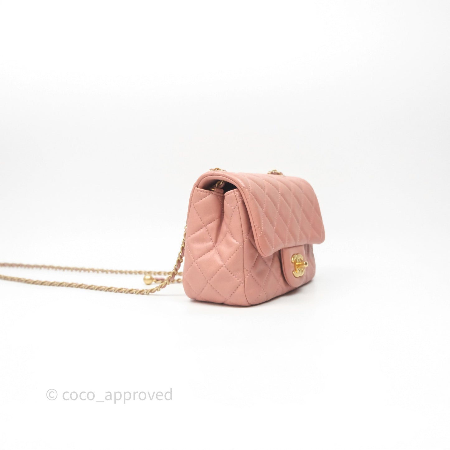 Chanel Pearl Crush Mini Square Quilted Pink Lambskin Aged Gold Hardware