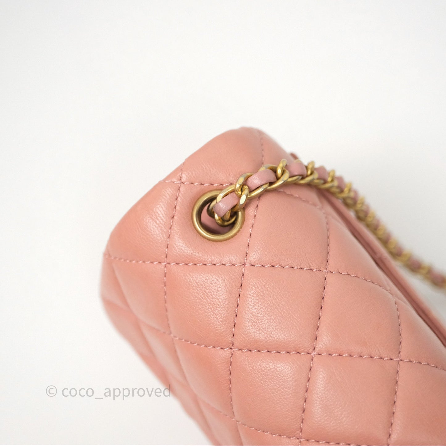 Chanel Pearl Crush Mini Square Quilted Pink Lambskin Aged Gold Hardware
