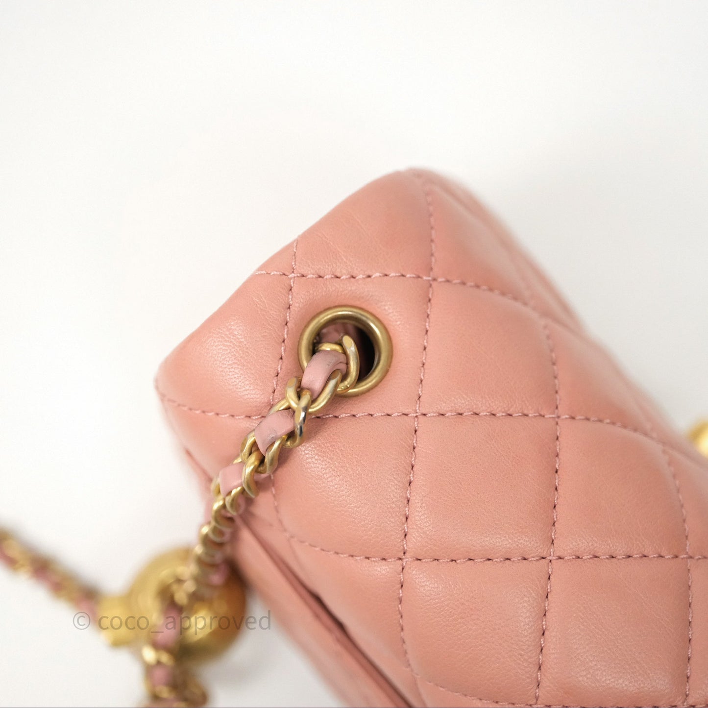 Chanel Pearl Crush Mini Square Quilted Pink Lambskin Aged Gold Hardware