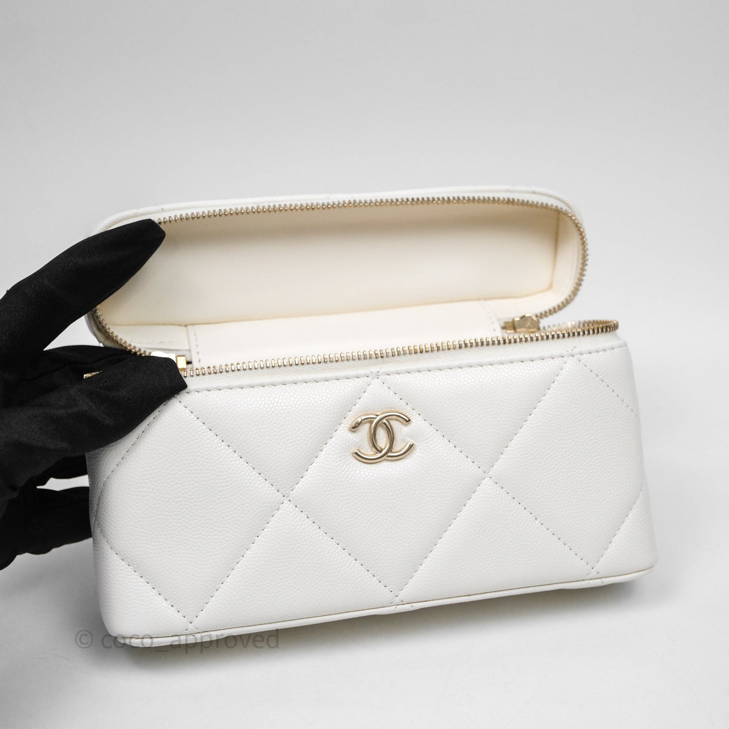 Chanel Top Handle Long Vanity with Chain White Caviar Gold Hardware
