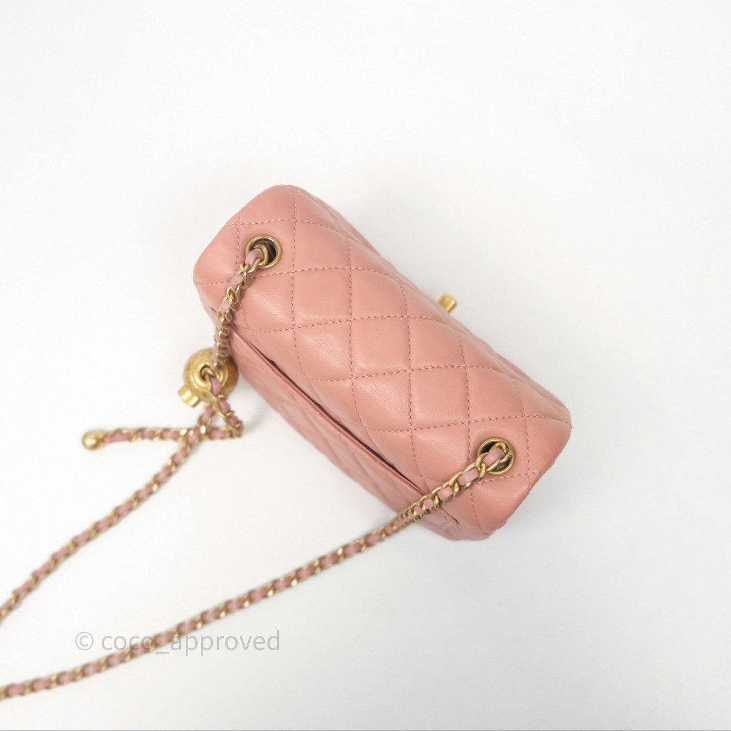 Chanel Pearl Crush Mini Square Quilted Pink Lambskin Aged Gold Hardware