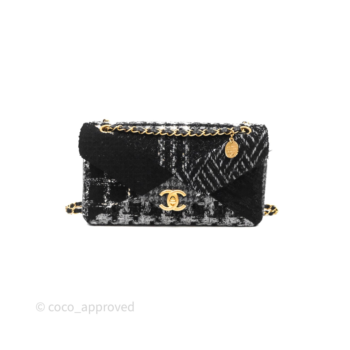 Chanel Tweed Flap Bag Black Grey Tweed Aged Gold Hardware