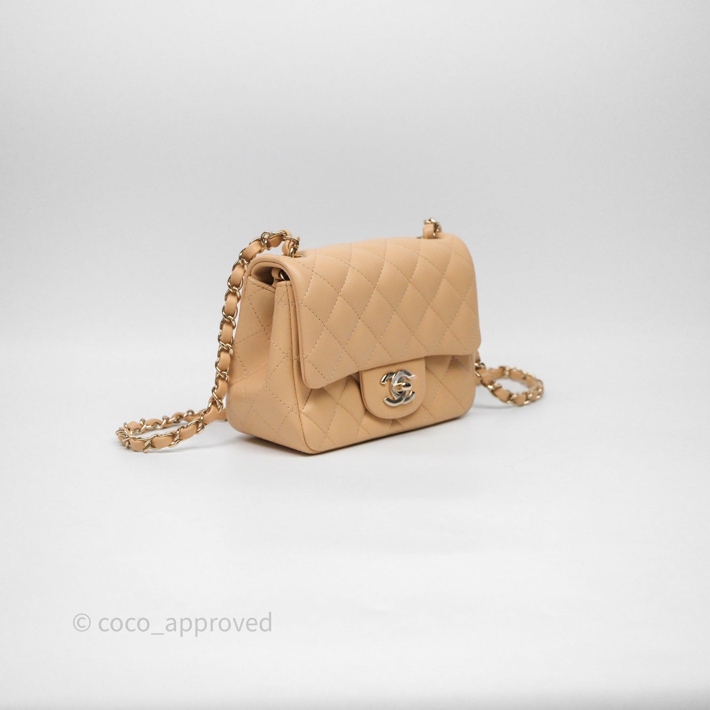 Chanel Mini Square Flap Quilted Beige Lambskin Gold Hardware