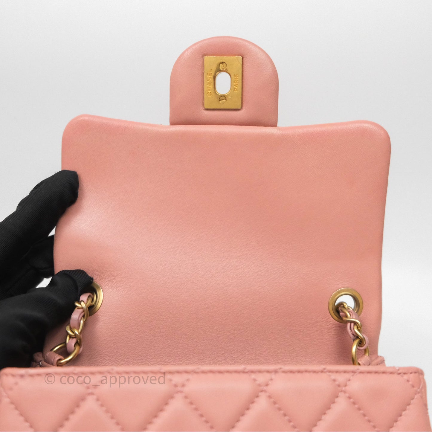 Chanel Pearl Crush Mini Square Quilted Pink Lambskin Aged Gold Hardware