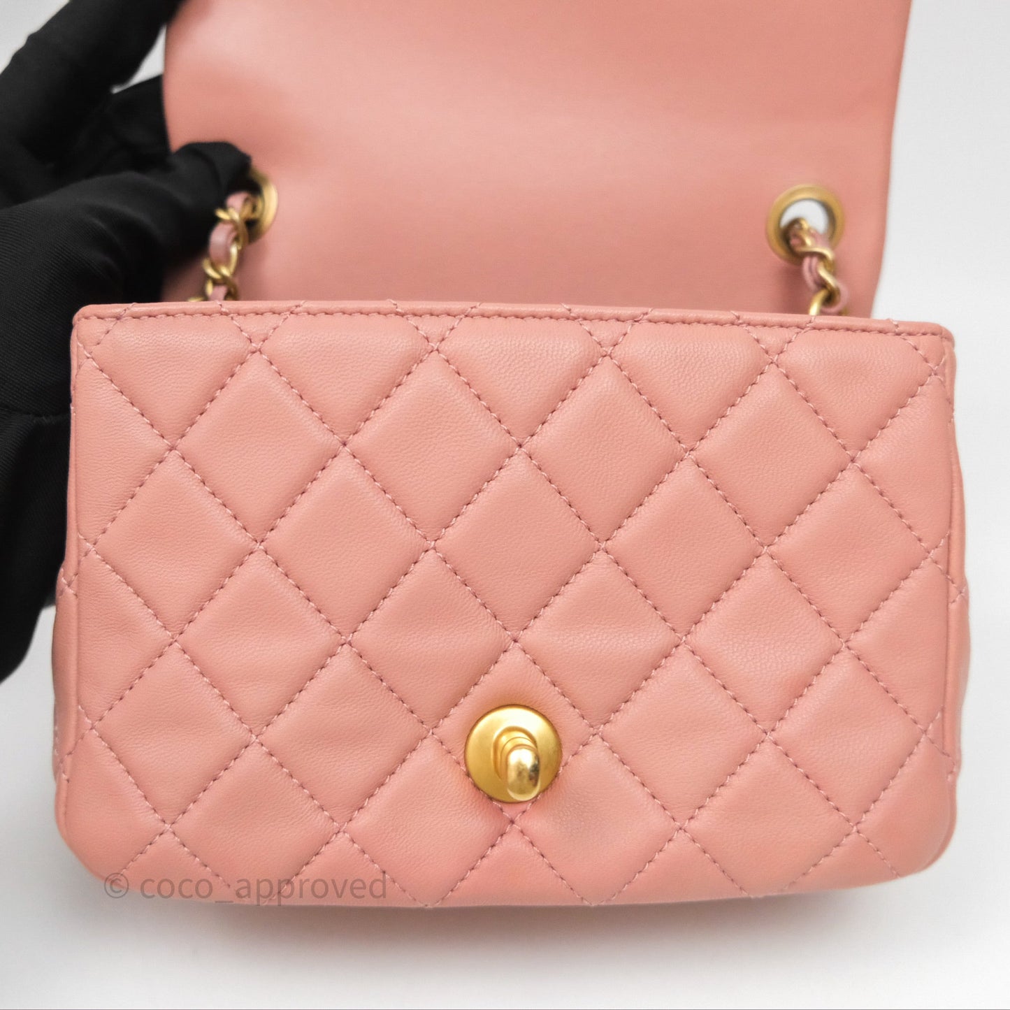 Chanel Pearl Crush Mini Square Quilted Pink Lambskin Aged Gold Hardware