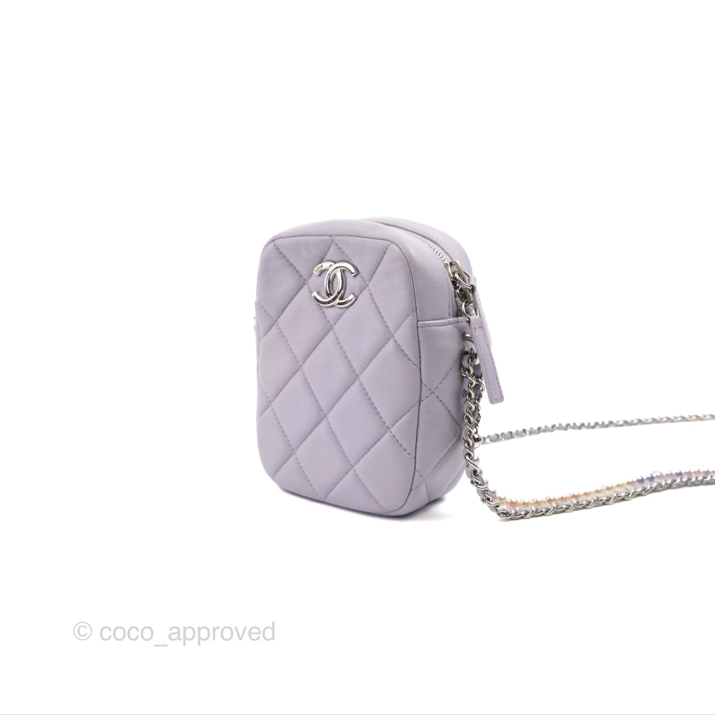 Chanel Quilted Vertical My Perfect Camera Case Lilac Lambskin Silver Hardware