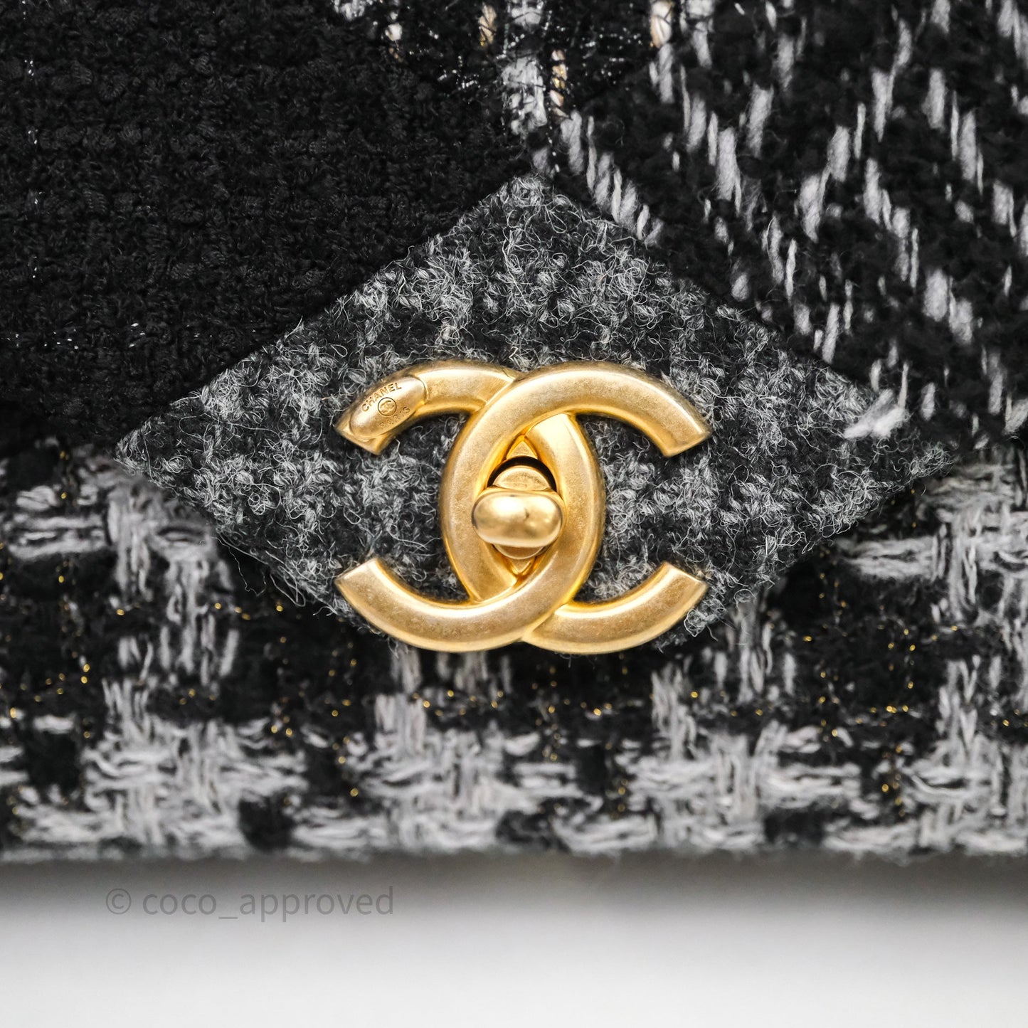 Chanel Tweed Flap Bag Black Grey Tweed Aged Gold Hardware