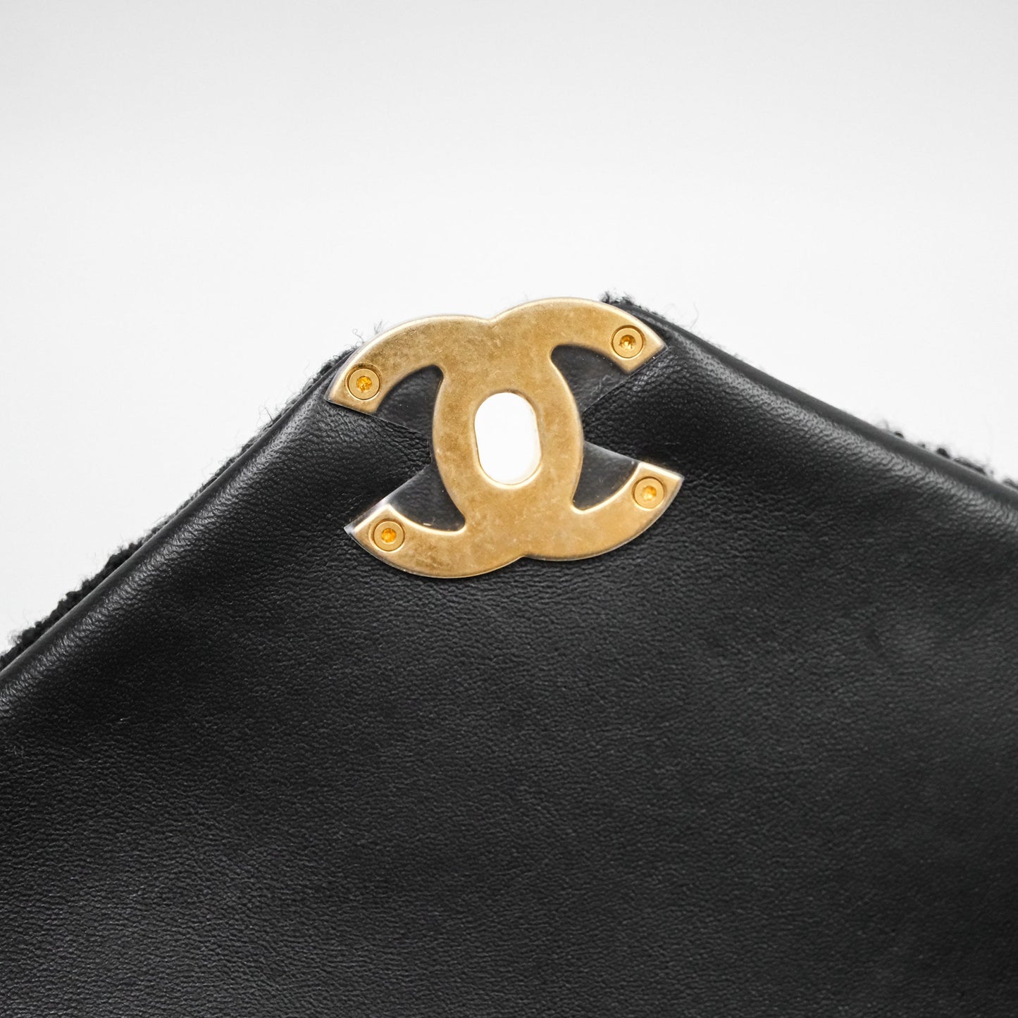 Chanel Tweed Flap Bag Black Grey Tweed Aged Gold Hardware