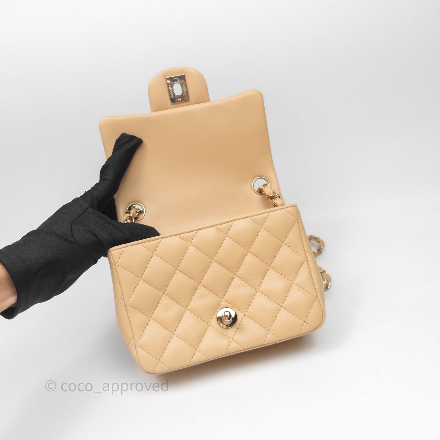 Chanel Mini Square Flap Quilted Beige Lambskin Gold Hardware