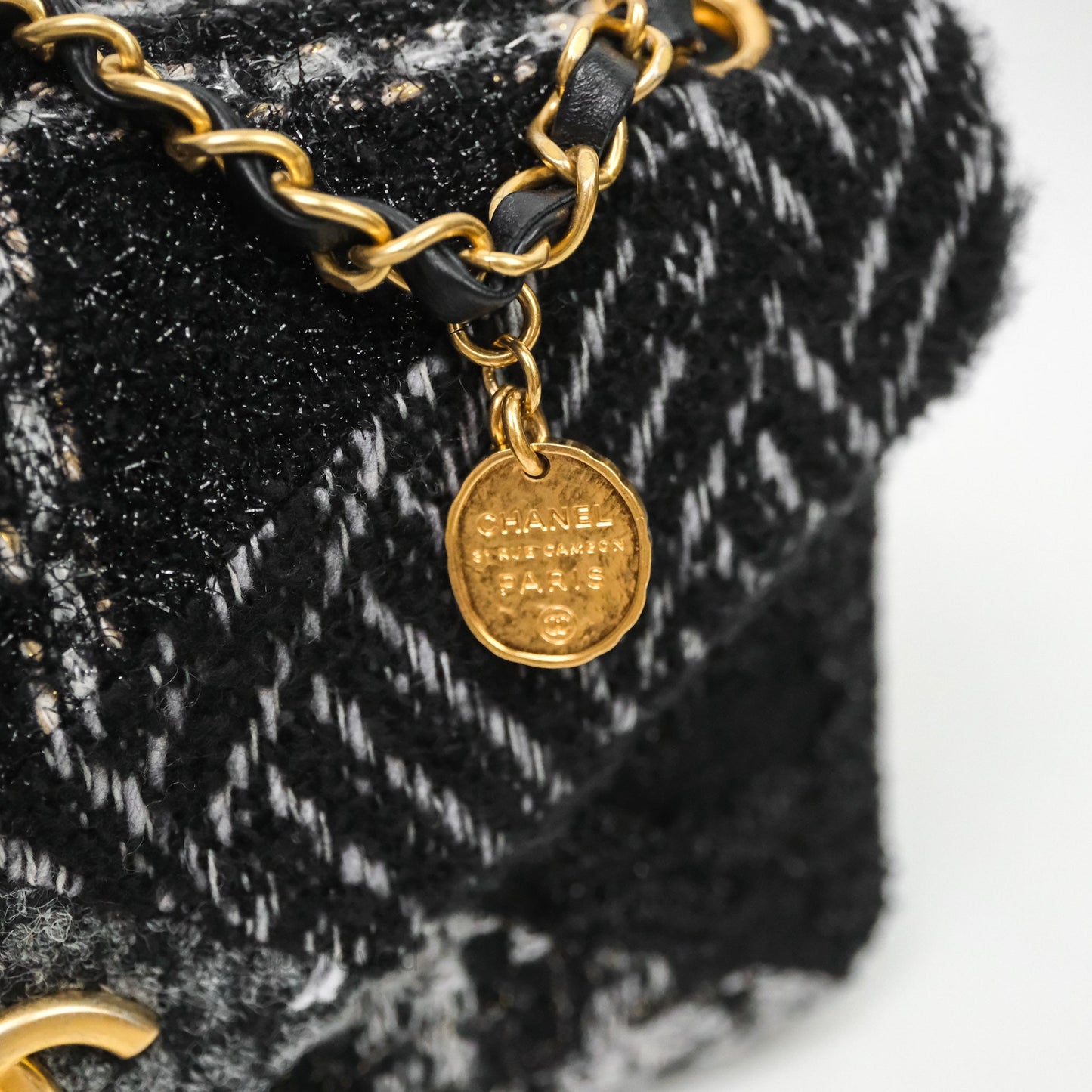 Chanel Tweed Flap Bag Black Grey Tweed Aged Gold Hardware
