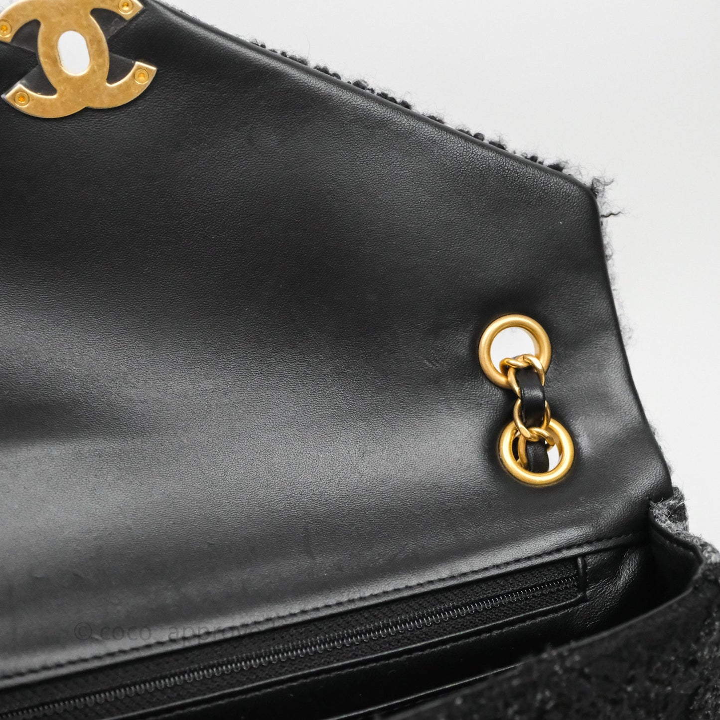 Chanel Tweed Flap Bag Black Grey Tweed Aged Gold Hardware