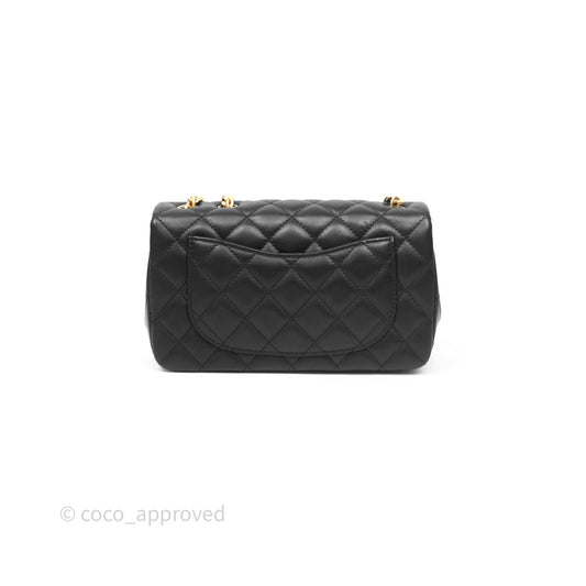 Chanel Mini Rectangular Flap with Camellia Adjustable Chain Black Lambskin Aged Gold Hardware