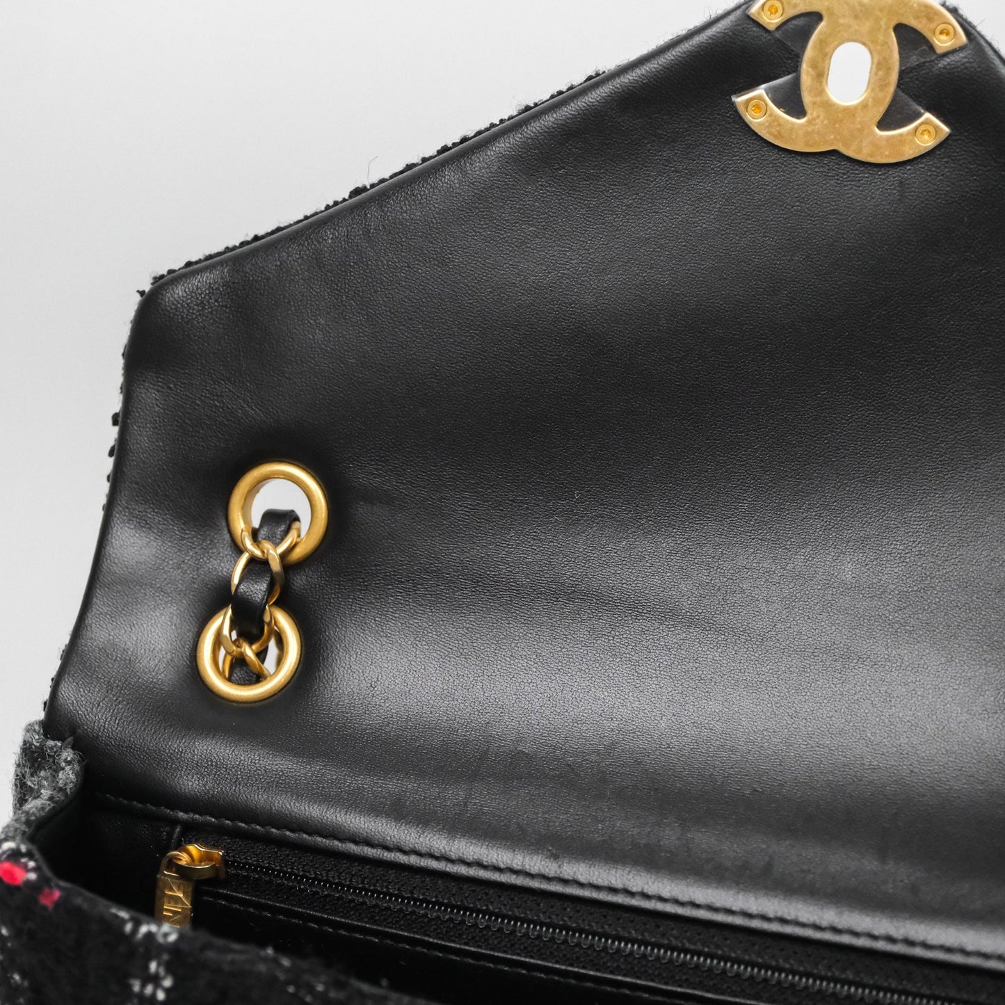 Chanel Tweed Flap Bag Black Grey Tweed Aged Gold Hardware