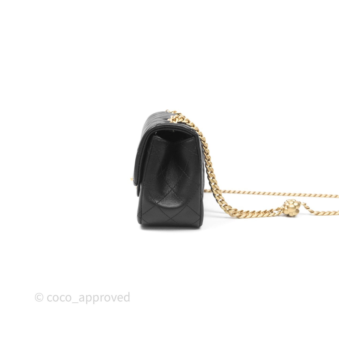 Chanel Mini Rectangular Flap with Camellia Adjustable Chain Black Lambskin Aged Gold Hardware
