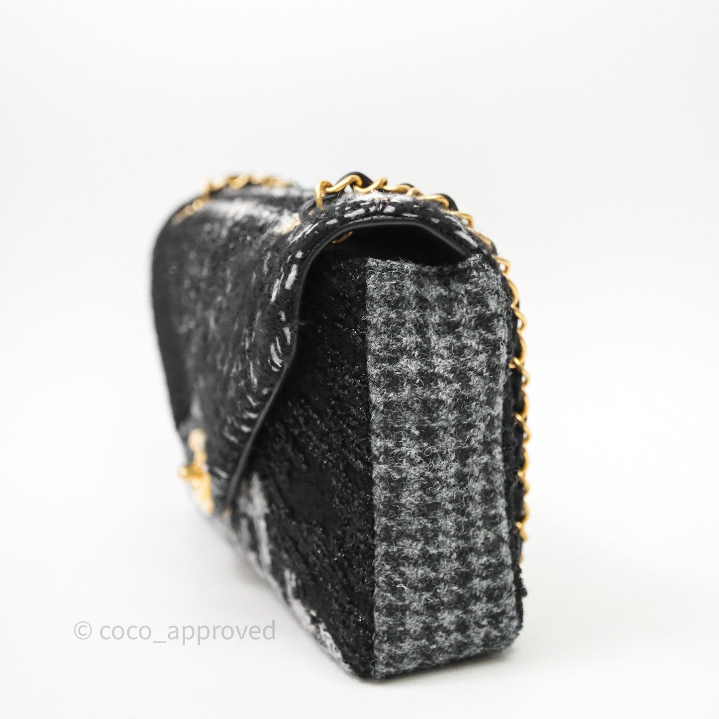 Chanel Tweed Flap Bag Black Grey Tweed Aged Gold Hardware