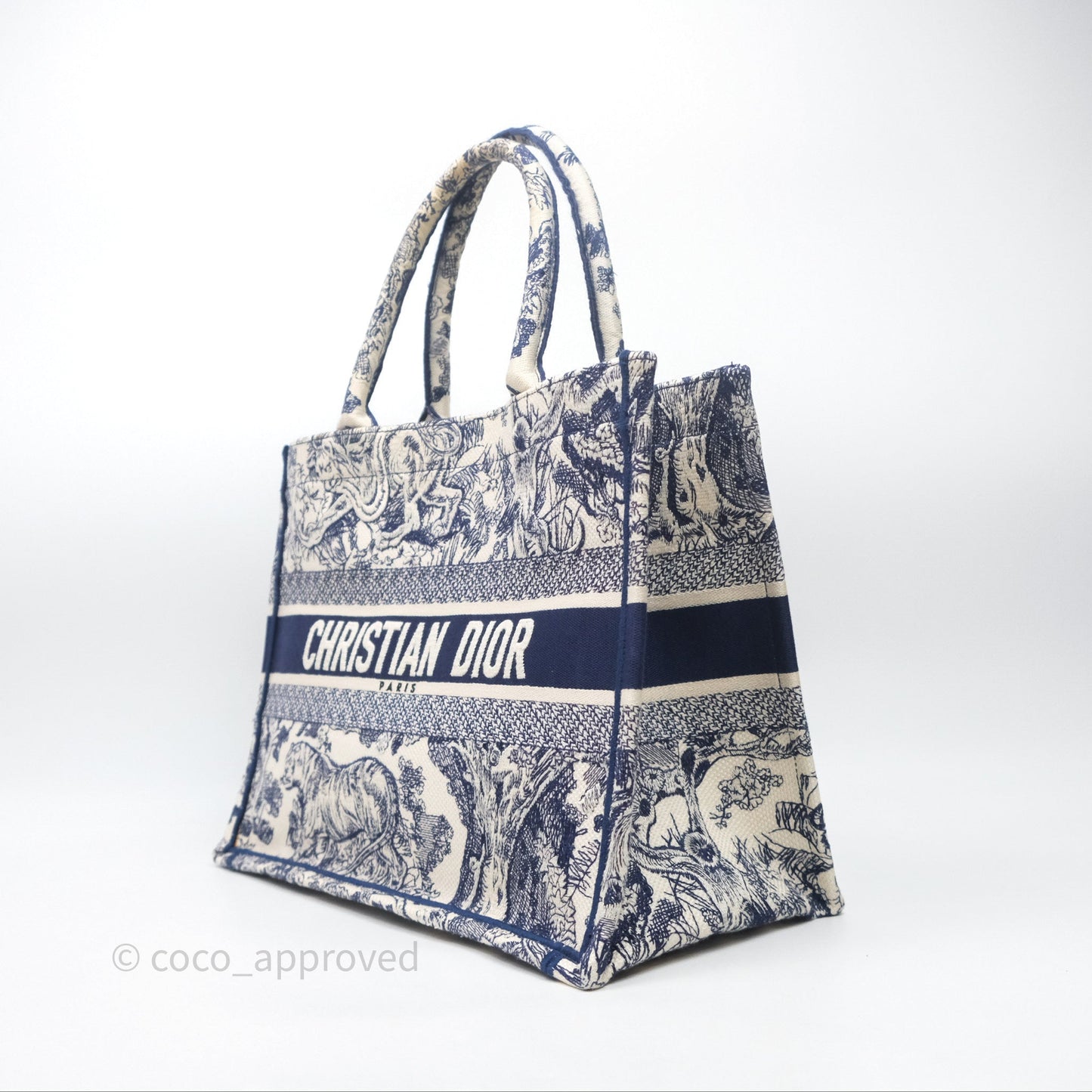 Christian Dior Medium (Old Small) Embroidered Toile De Jouy Canvas Book Tote Blue