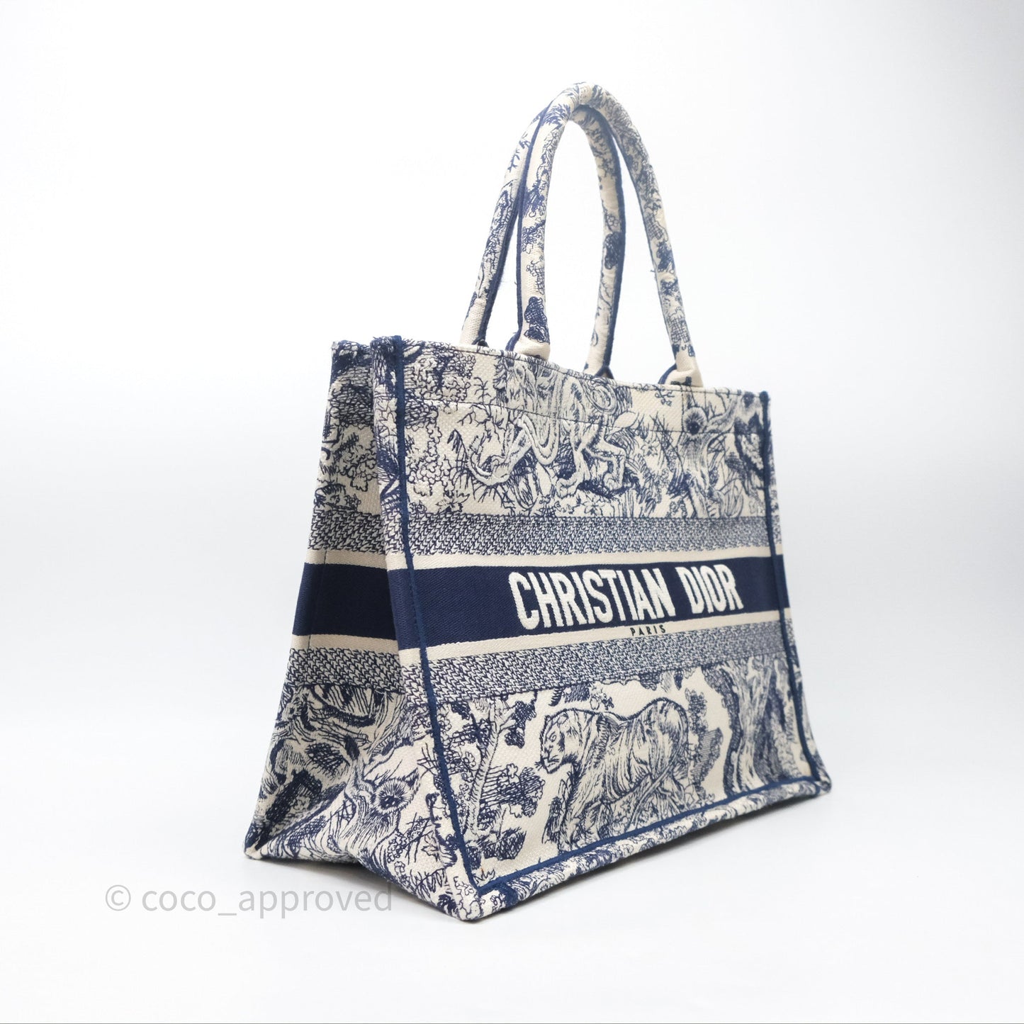 Christian Dior Medium (Old Small) Embroidered Toile De Jouy Canvas Book Tote Blue