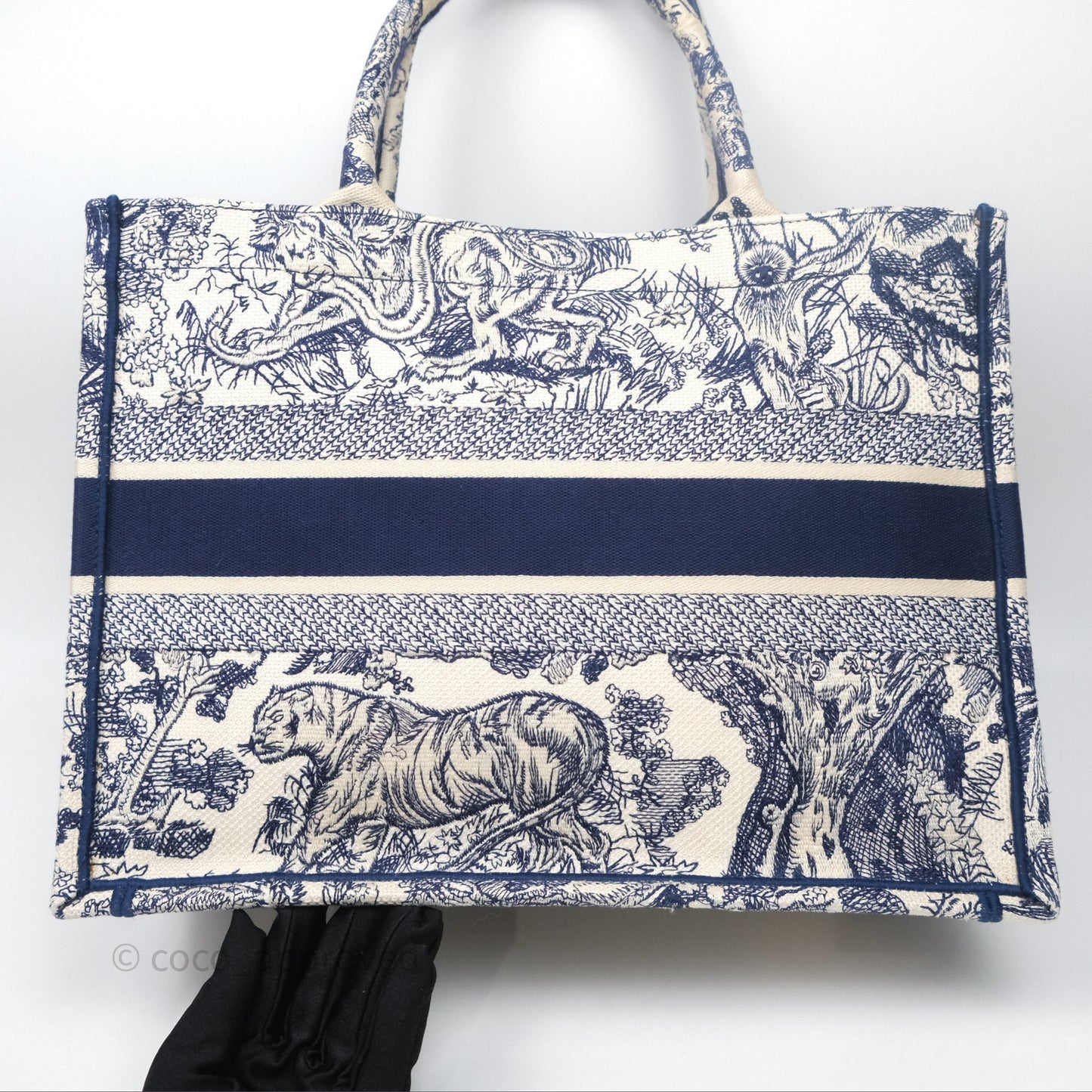 Christian Dior Medium (Old Small) Embroidered Toile De Jouy Canvas Book Tote Blue