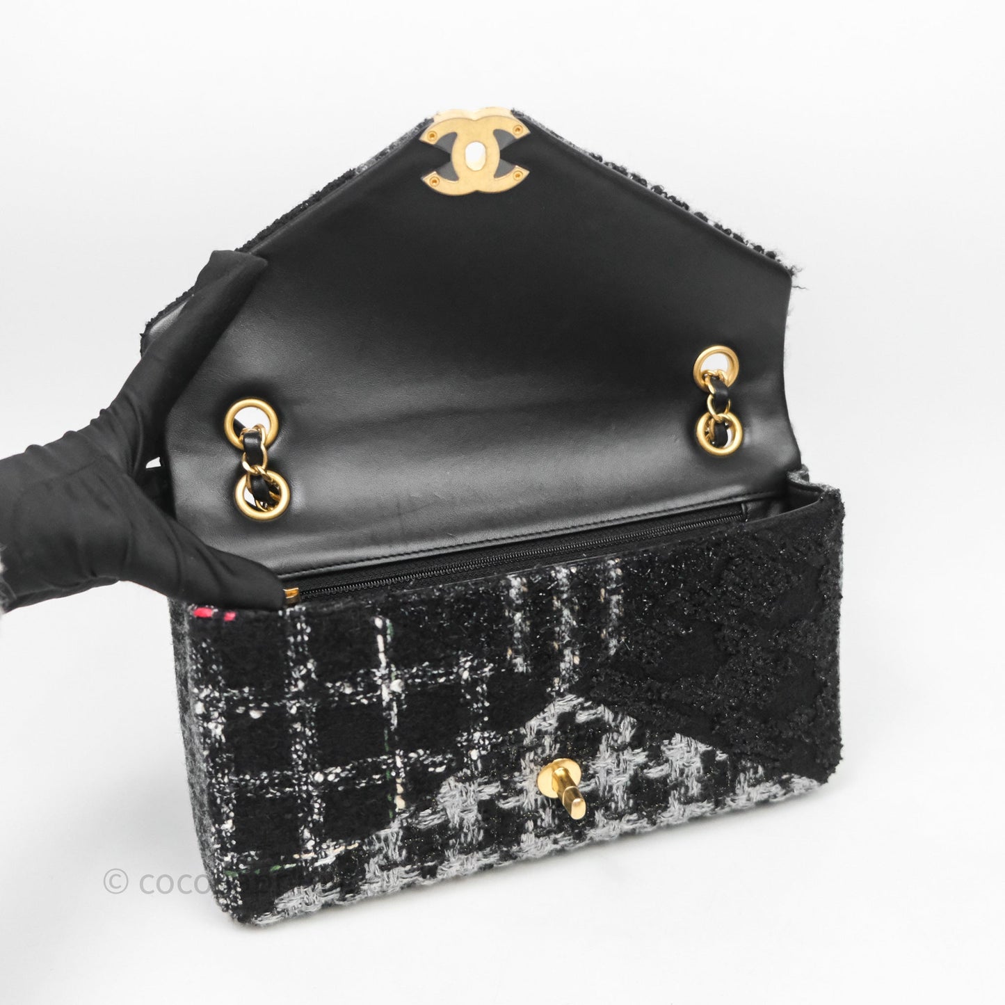 Chanel Tweed Flap Bag Black Grey Tweed Aged Gold Hardware