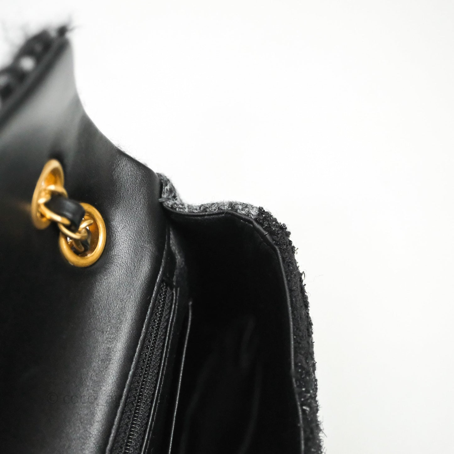Chanel Tweed Flap Bag Black Grey Tweed Aged Gold Hardware