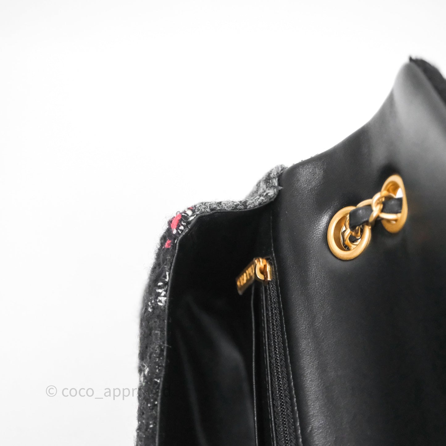 Chanel Tweed Flap Bag Black Grey Tweed Aged Gold Hardware