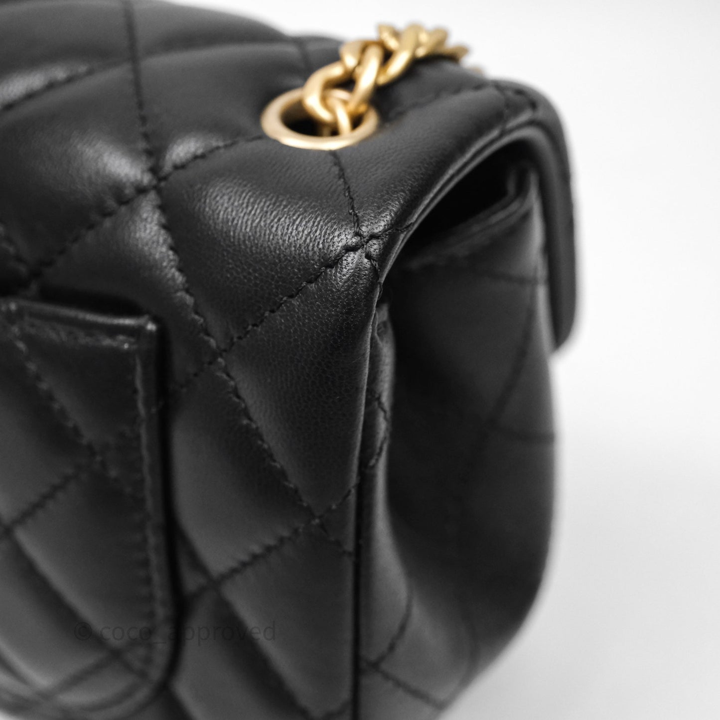 Chanel Mini Rectangular Flap with Camellia Adjustable Chain Black Lambskin Aged Gold Hardware