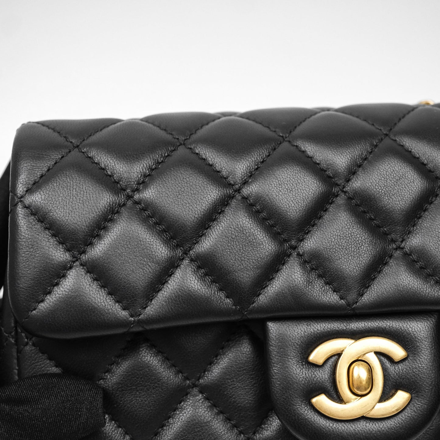 Chanel Mini Rectangular Flap with Camellia Adjustable Chain Black Lambskin Aged Gold Hardware